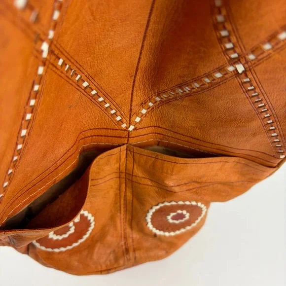 VTG Genuine Leather Drawstring Whipstitch Patchwork Bucket Bag Vintage - Picture 12 of 12